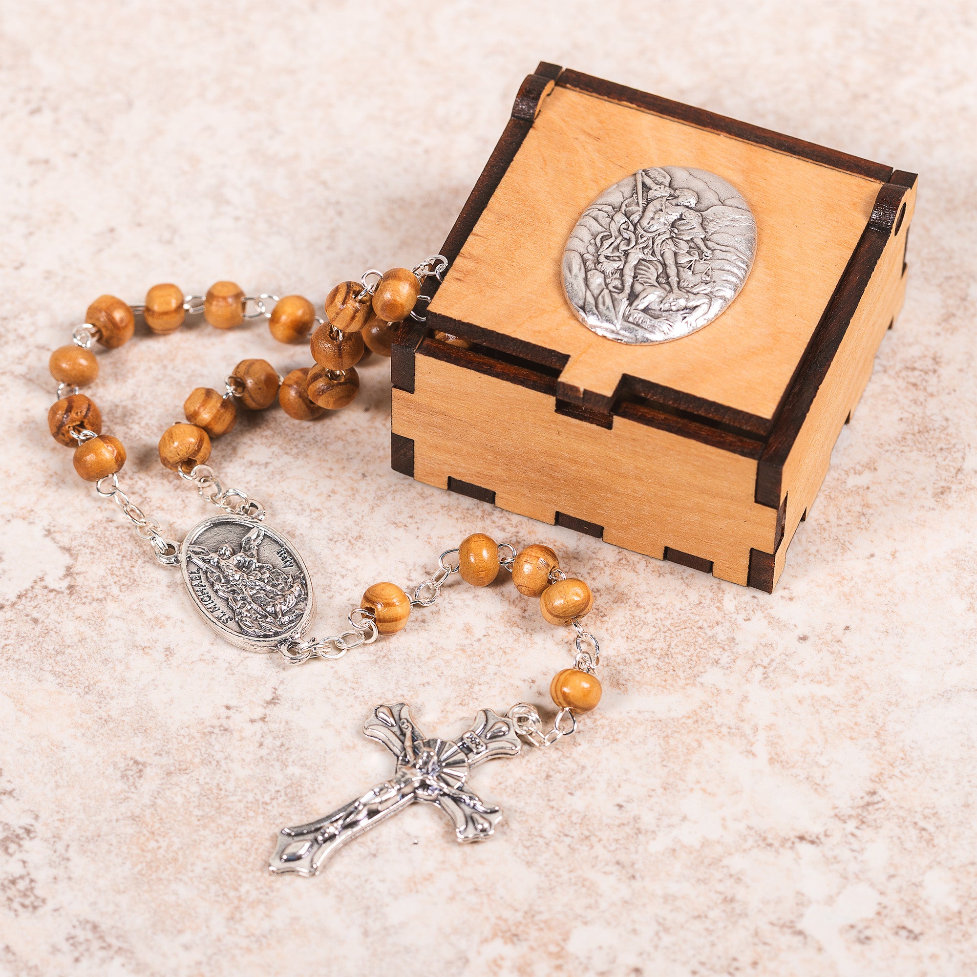 Italian Wood Rosary & St. Michael/Guardian Angel Rosary Box