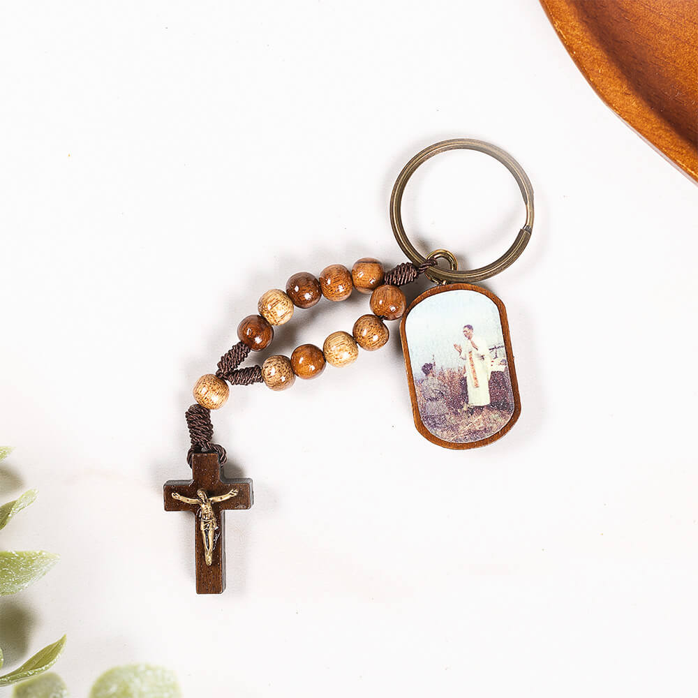 Ven. Emil Kapaun Wooden Dog Tag Rosary Keychain | The Catholic