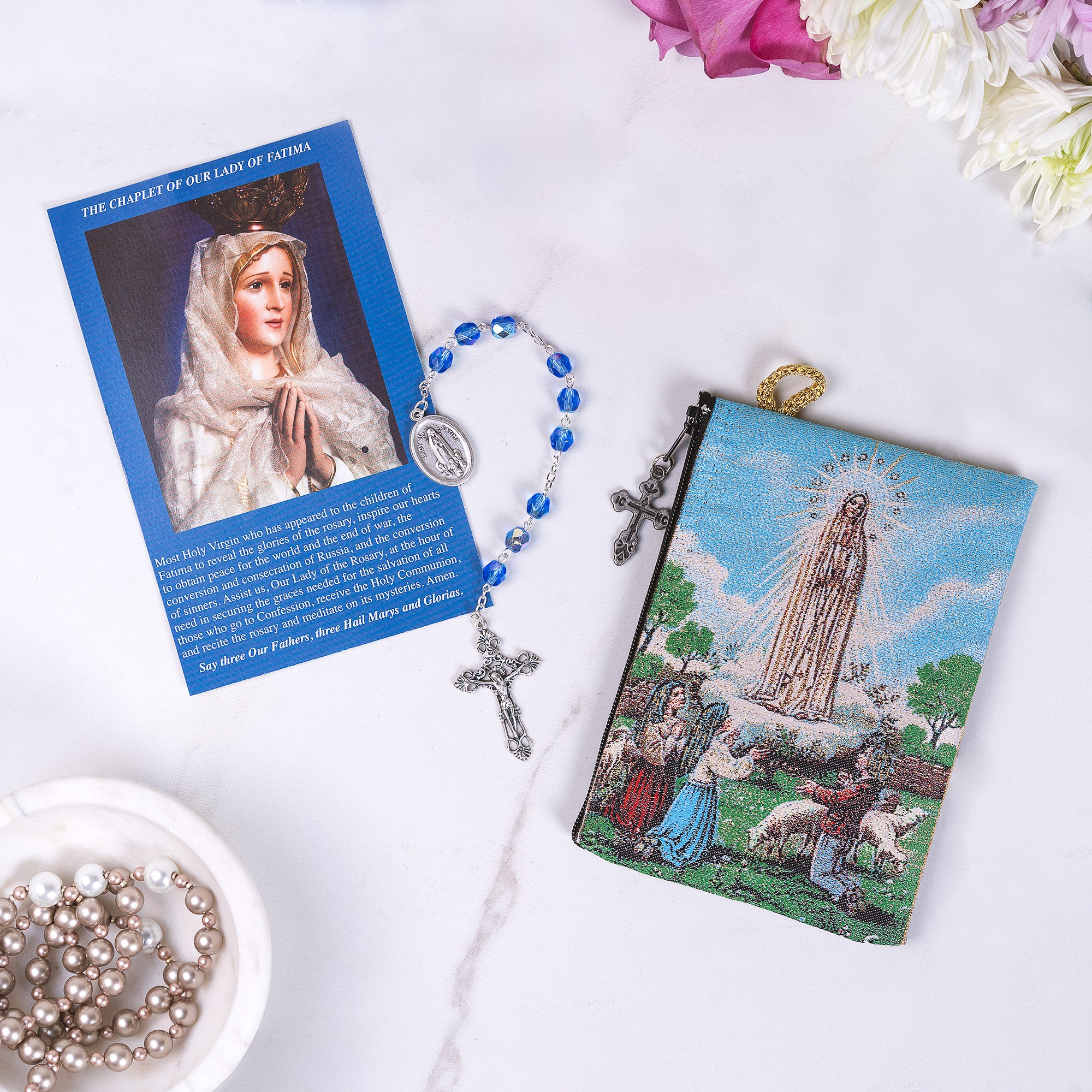 Our Lady of Fatima Chaplet with Prayer Card & Our Lady of Fatima Rosary Pouch (Gift Set)