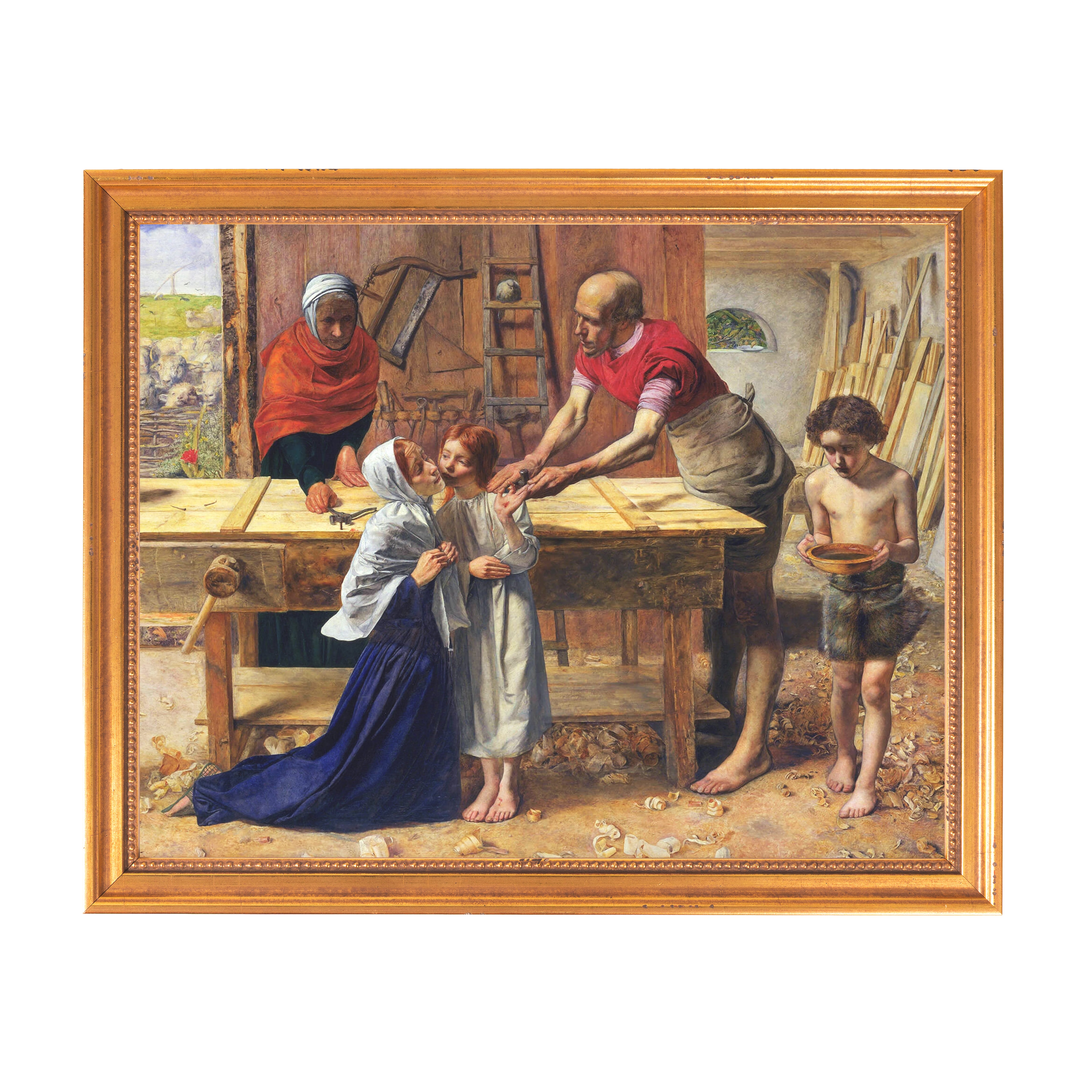 Framed oil painting of "Christ in the House of His Parents," showing a carpenter shop scene in a realistic style.