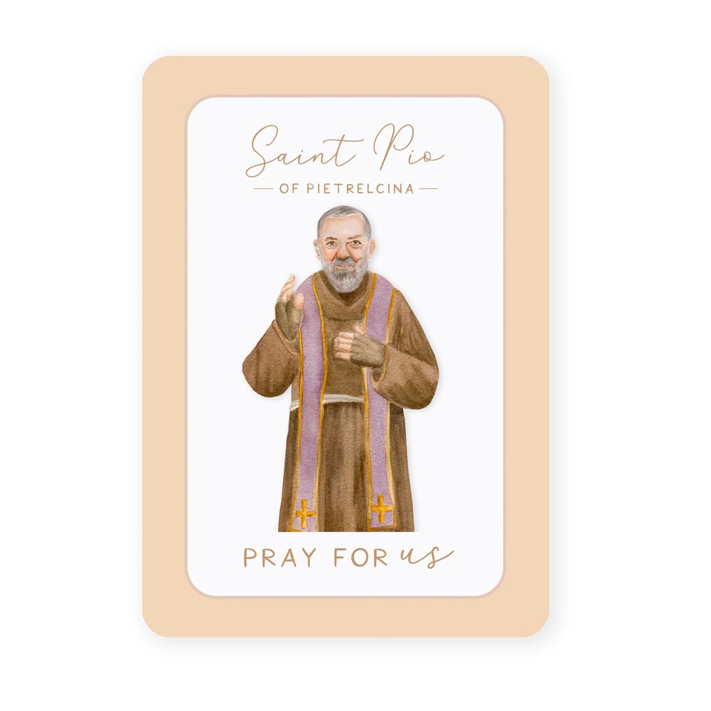 Saint Pio prayer card, watercolor style with tan border and illustration of the saint in a brown robe.