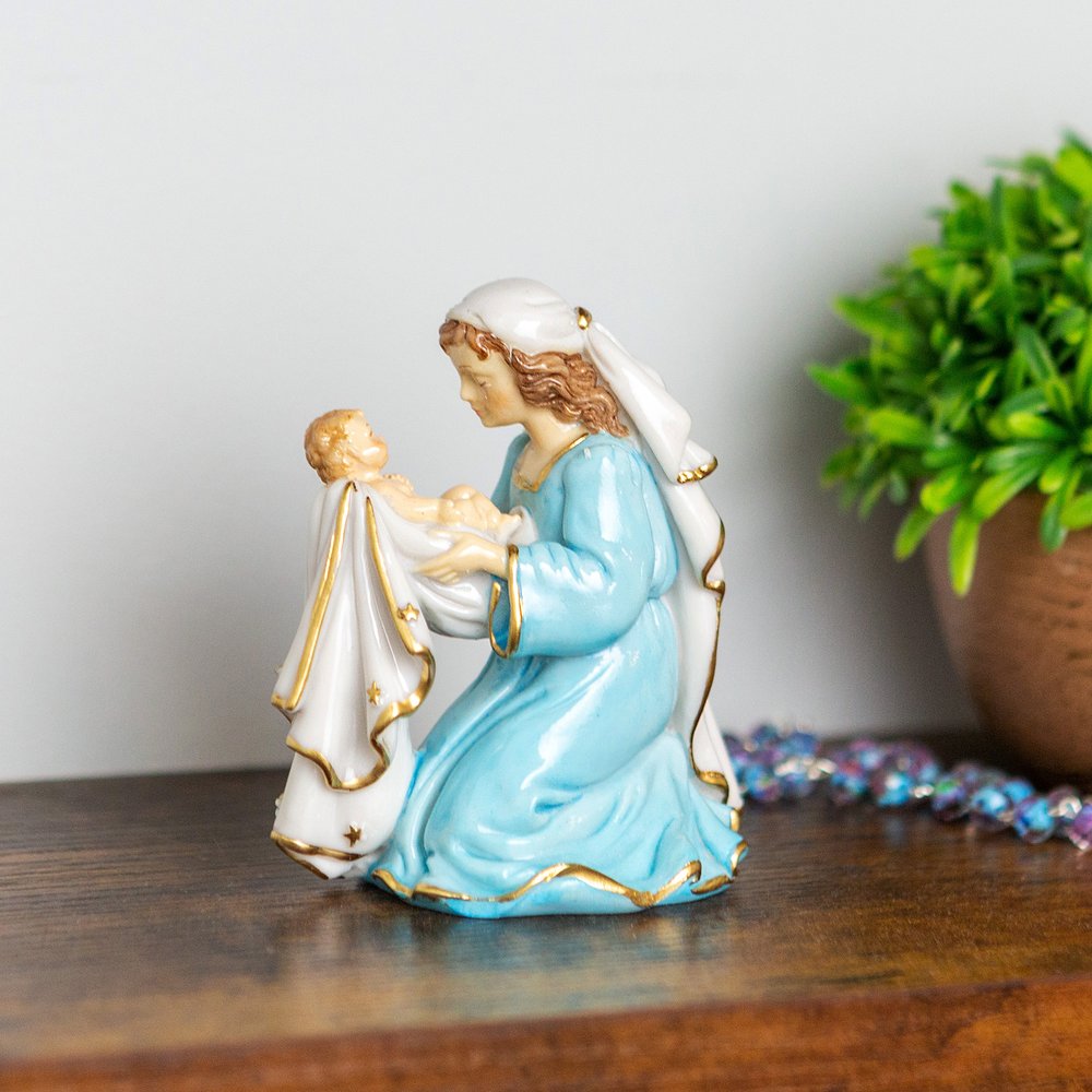 Italian Kneeling Madonna & Child Figurine in Color- 4"