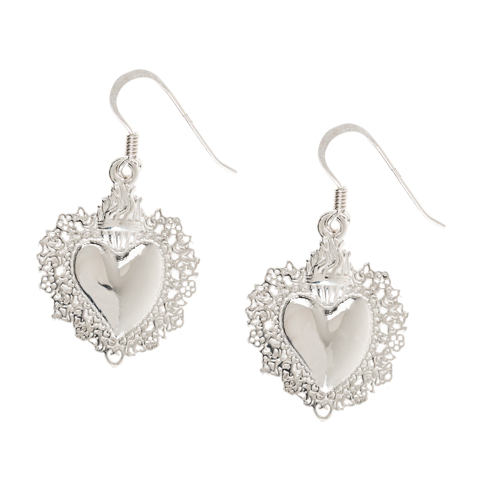 Sterling Silver Sacred Heart Shape Drop Earrings