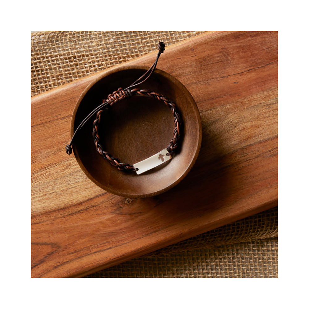 Braided Leather Cutout Cross Confirmation Bracelet