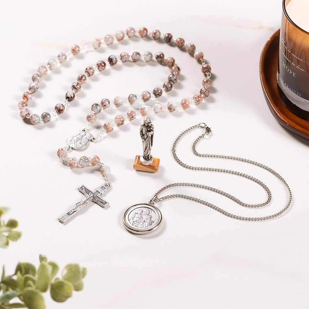 St. Joseph Rosary, Necklace, & Figurine Gift Set