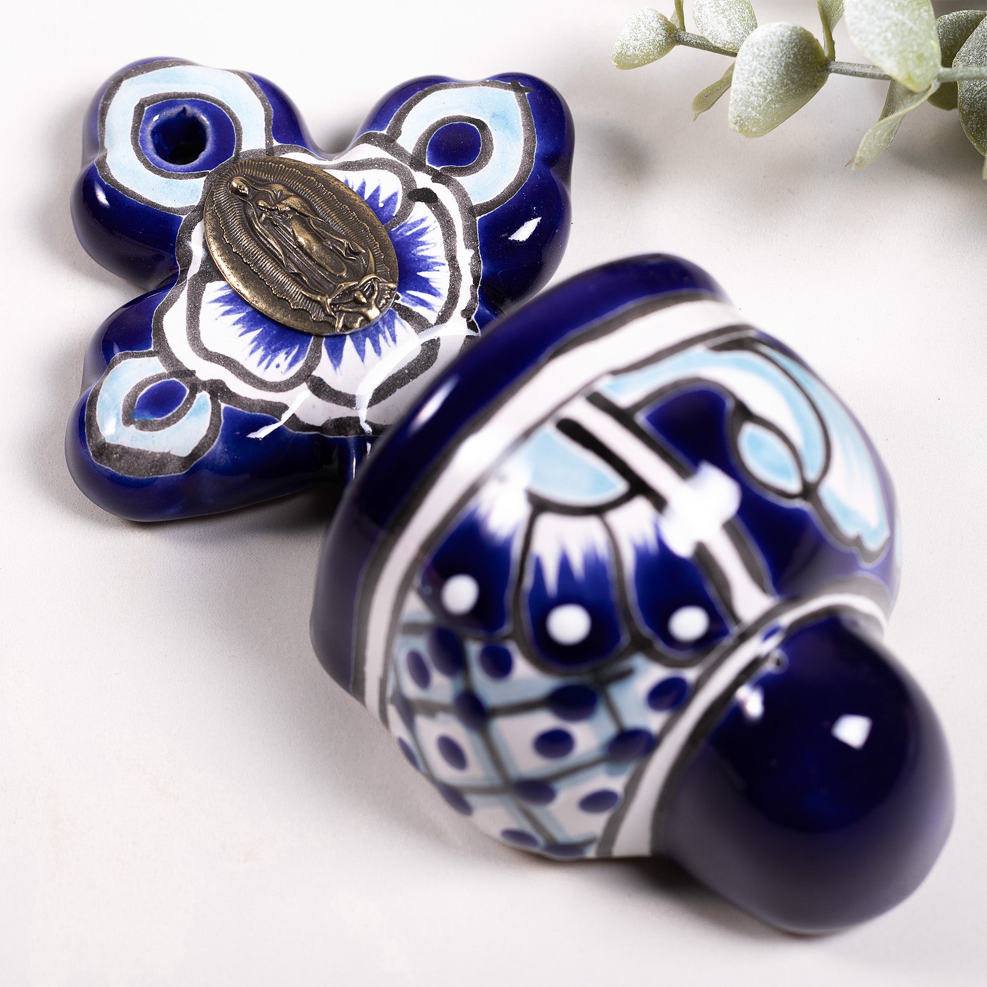 Guadalupe Mexican Talavera Holy Water Font - Blue & White Cross
