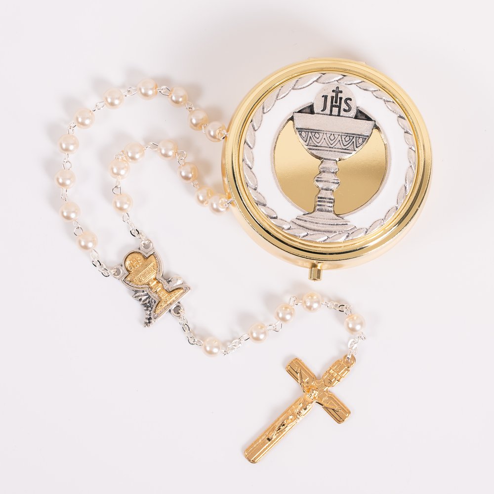 First Communion Gold, Silver & Pearl Rosary with Keepsake Box