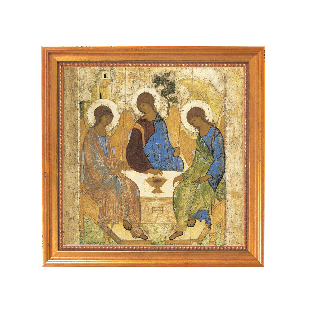 Religious icon art featuring three figures at a table, in muted blue, green and brown, framed in gold wood.