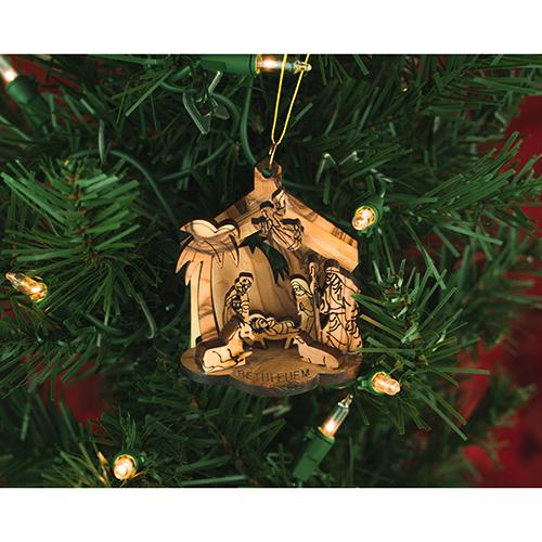 Nativity Scene & Shooting Star, 3D Manger Olive Wood Ornament