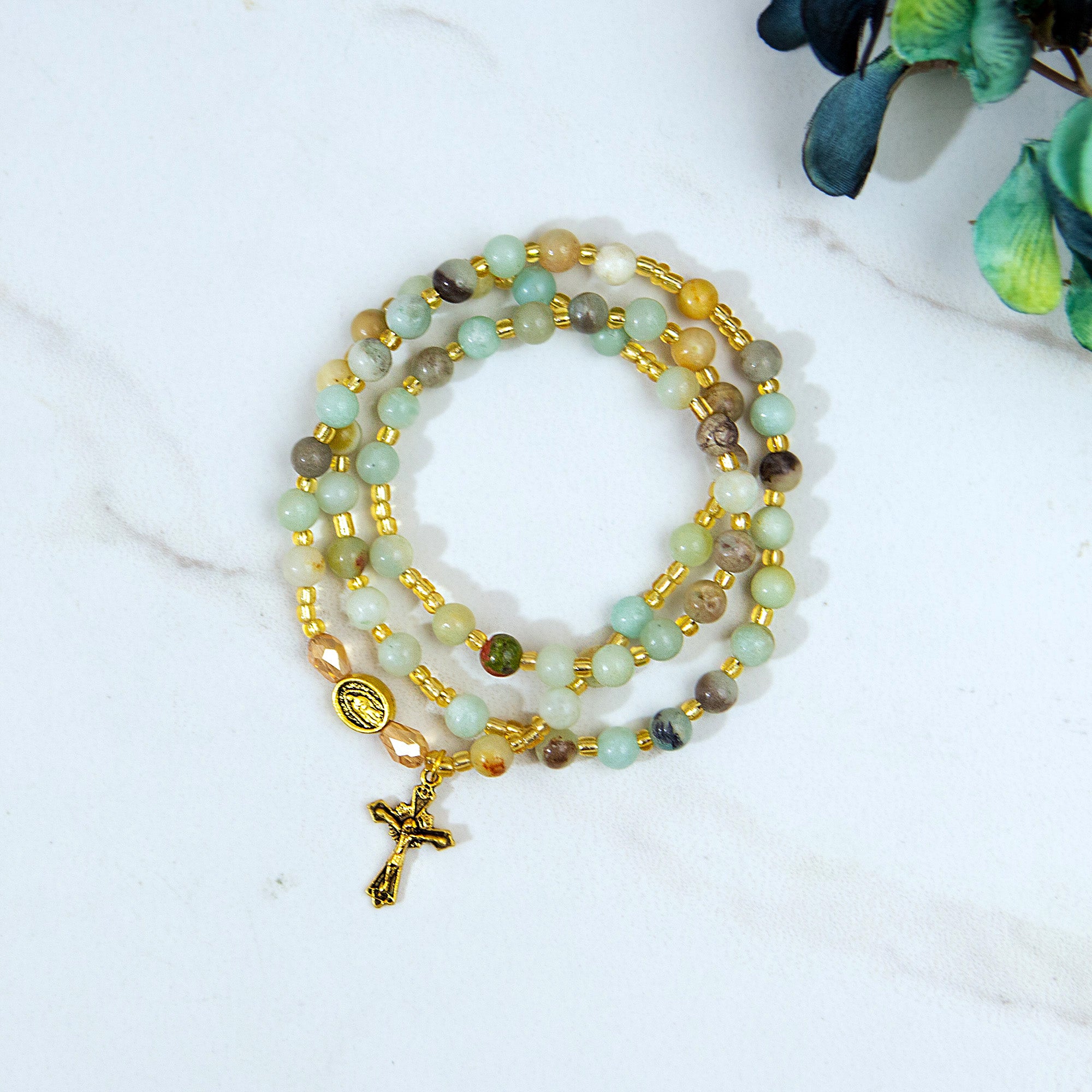 Guadalupe Gold Amazonite Wrap Rosary Bracelet