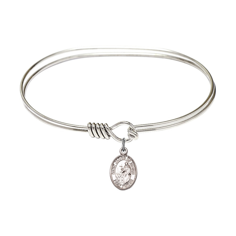 Adult 7" Oval Rhodium Plated Bangle Bracelet with St. Jacob of Nisibis Medal Charm