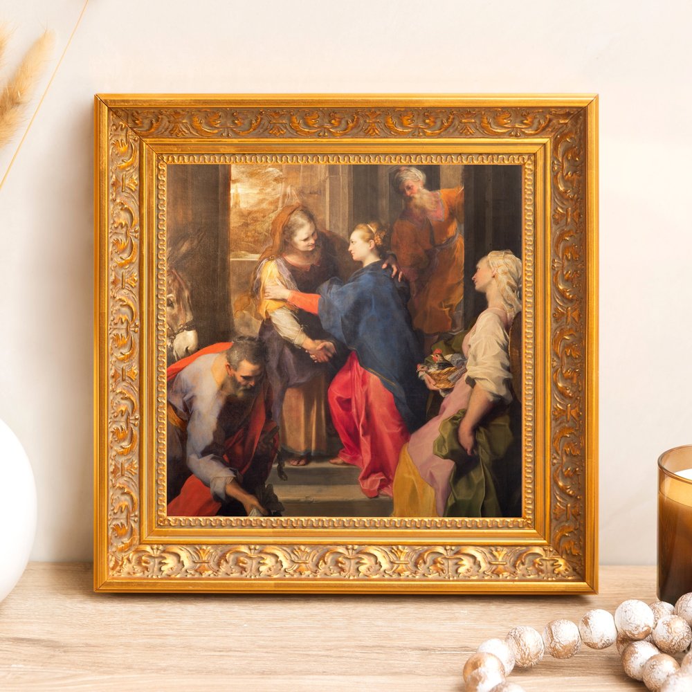 Framed painting of religious figures in ornate gold frame.
