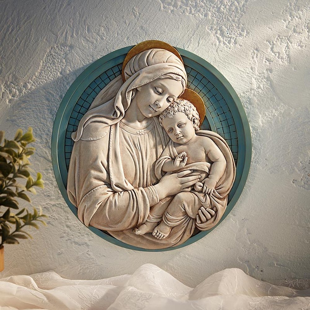 Madonna & Child Blue and Gold Accented Garden Plaque - 11"
