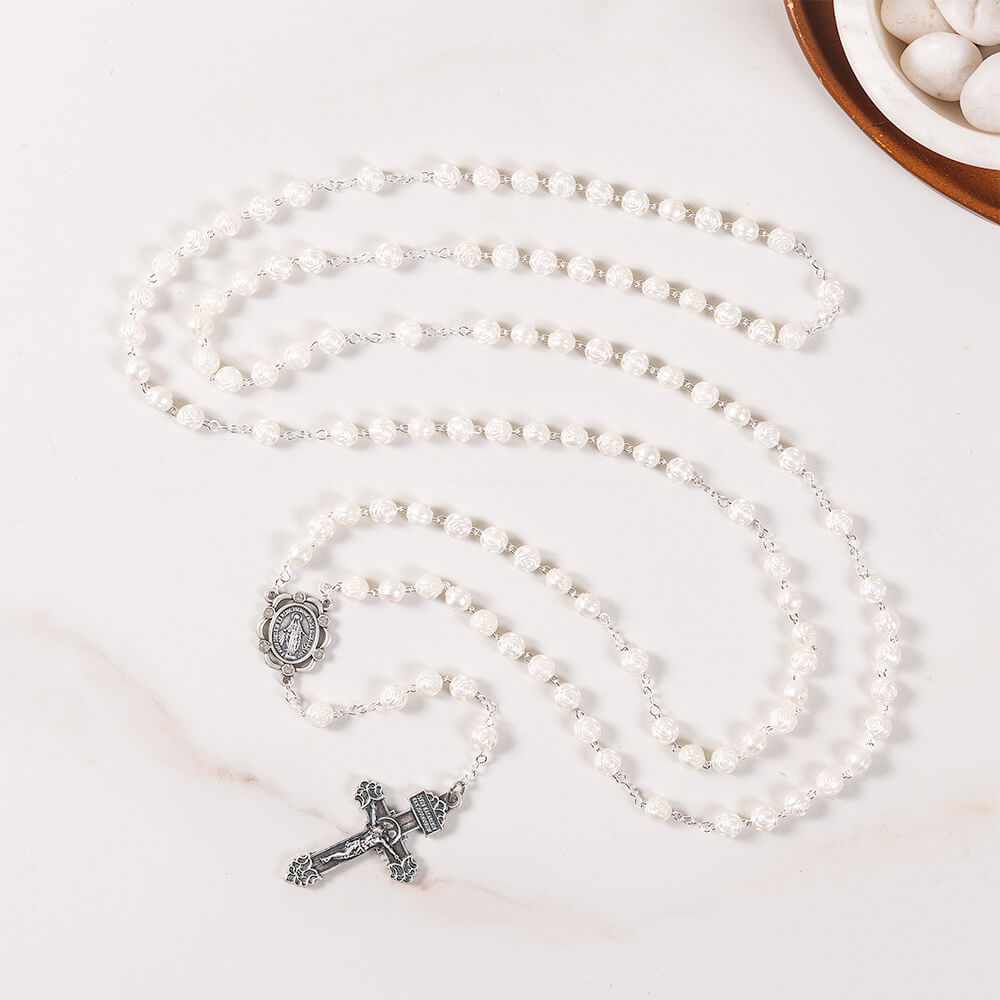 Pearl Roses 10 Decade 100 Requiem Rosary & The 100 Requiems Devotion Prayer Card Gift Set
