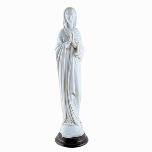 Praying Madonna Antique White Statue on Wood Base