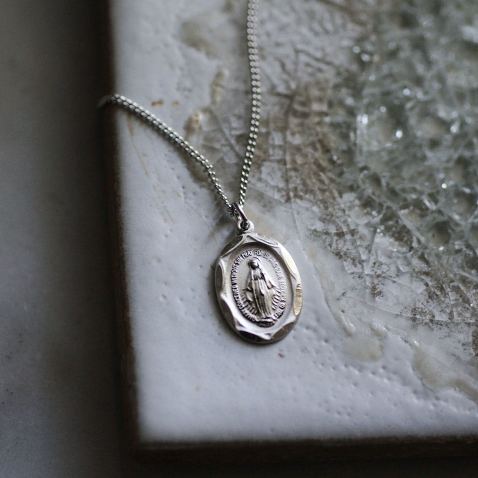 Petite Sterling Silver Miraculous Medal on 18" Stainless Steel Chain