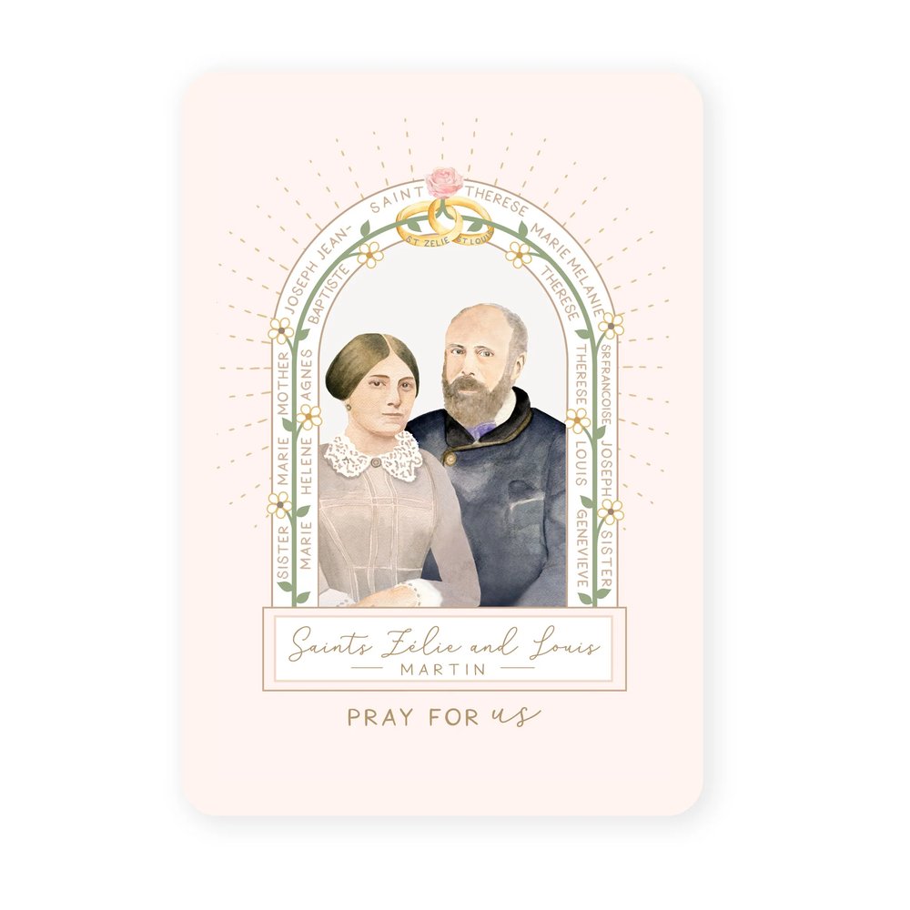 Religious card featuring saints Zelie and Louis Martin in watercolor style on a light pink background.
