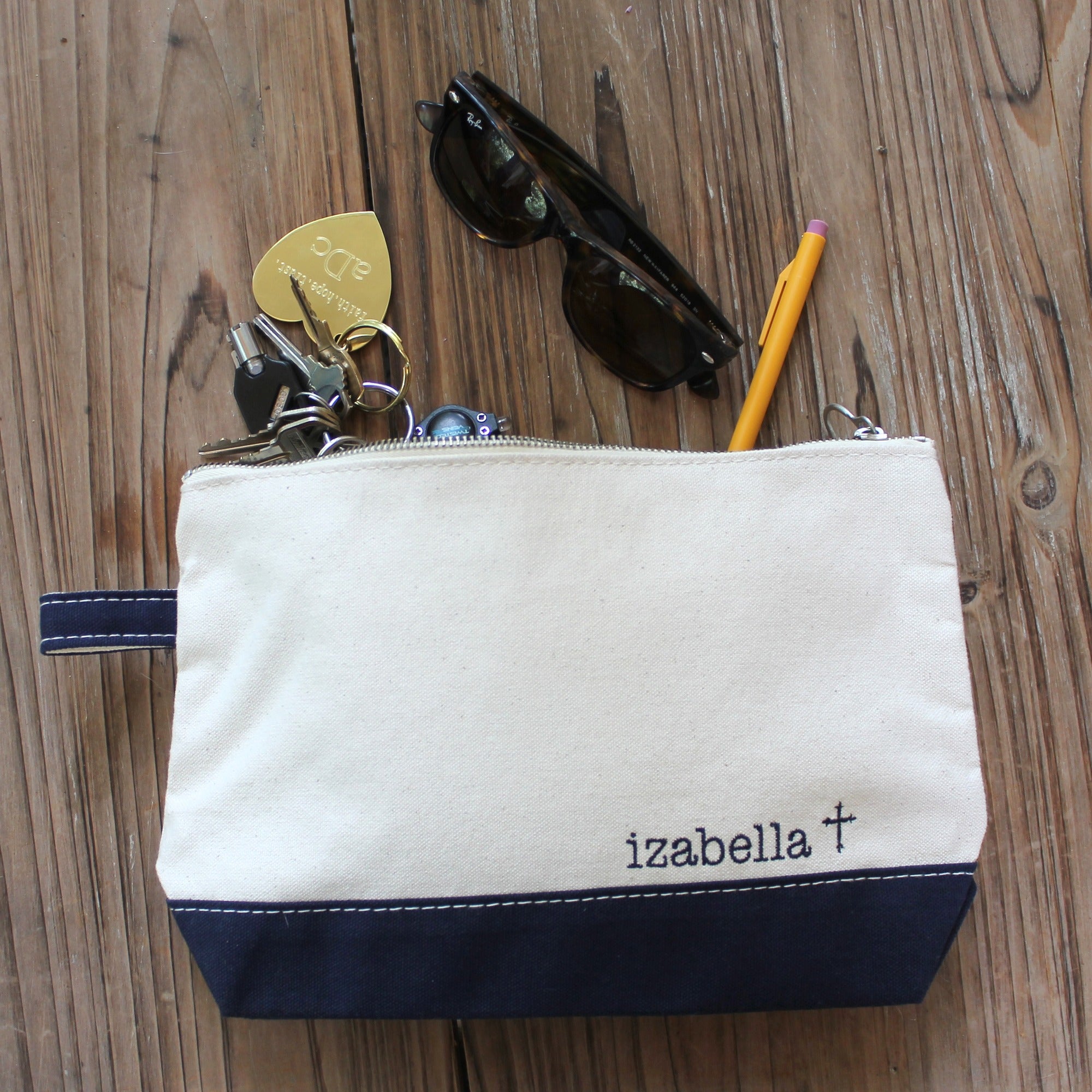 Personalized Natural & Navy Cross Zip Pouch