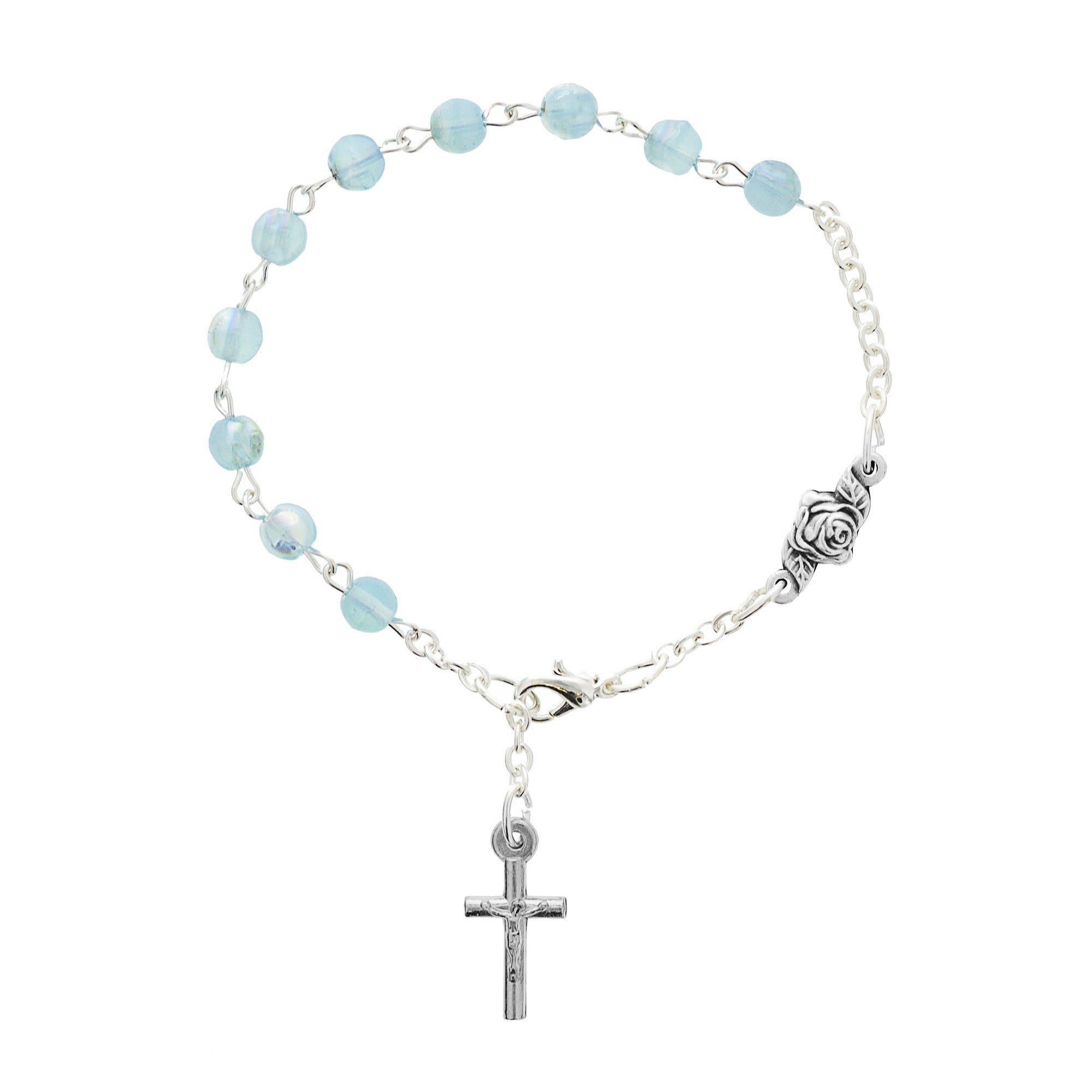Sky Blue Czech Glass Rosary Bracelet with Rose