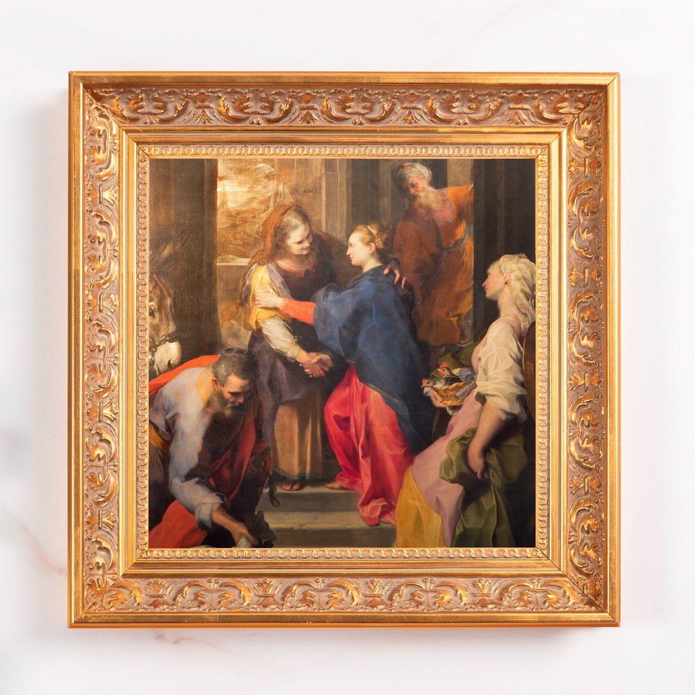 Framed Reproduction painting of The Visitation with a detailed ornate gold frame.