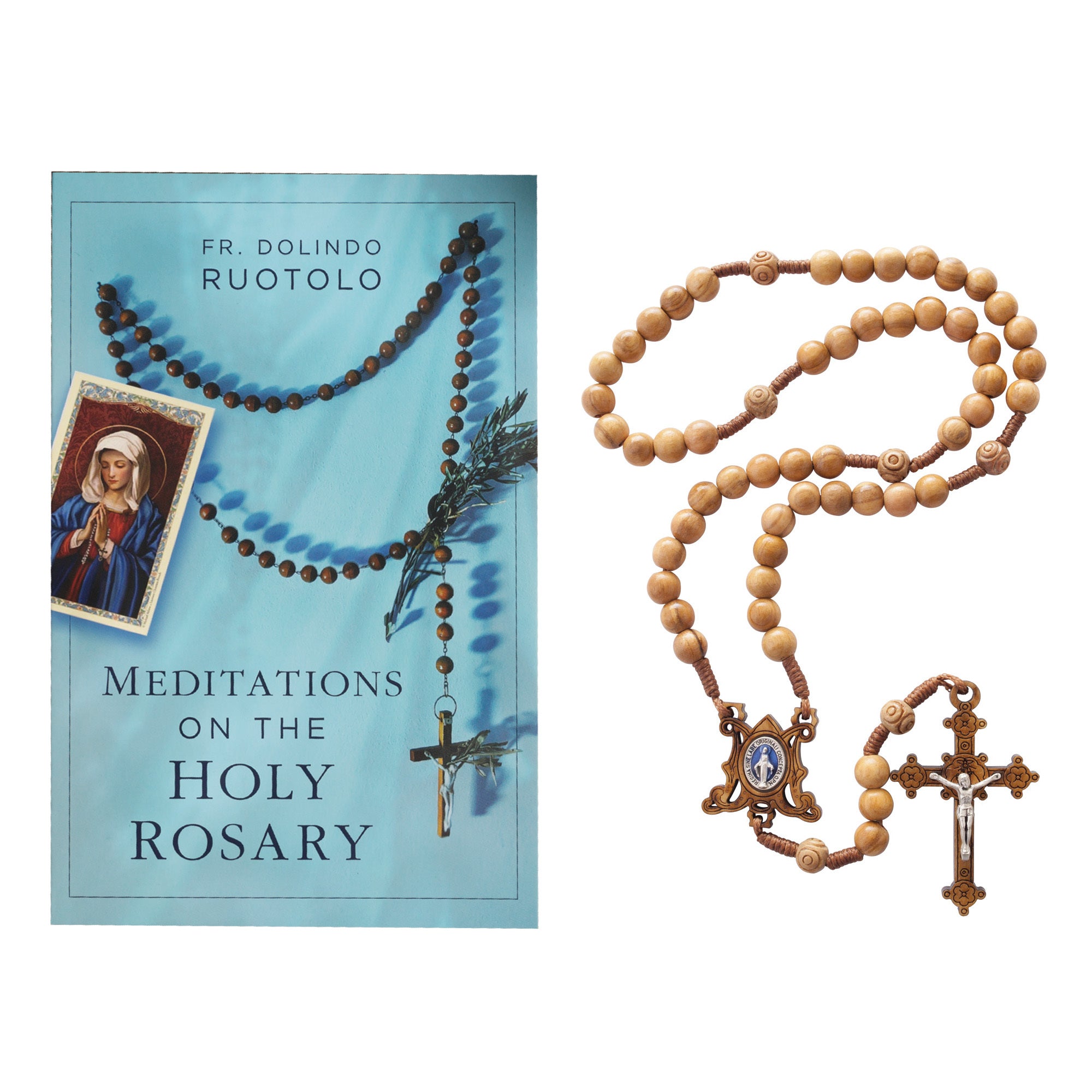 Meditations on the Holy Rosary and
Olive Wood Corded Miraculous Medal Rosary Gift Set