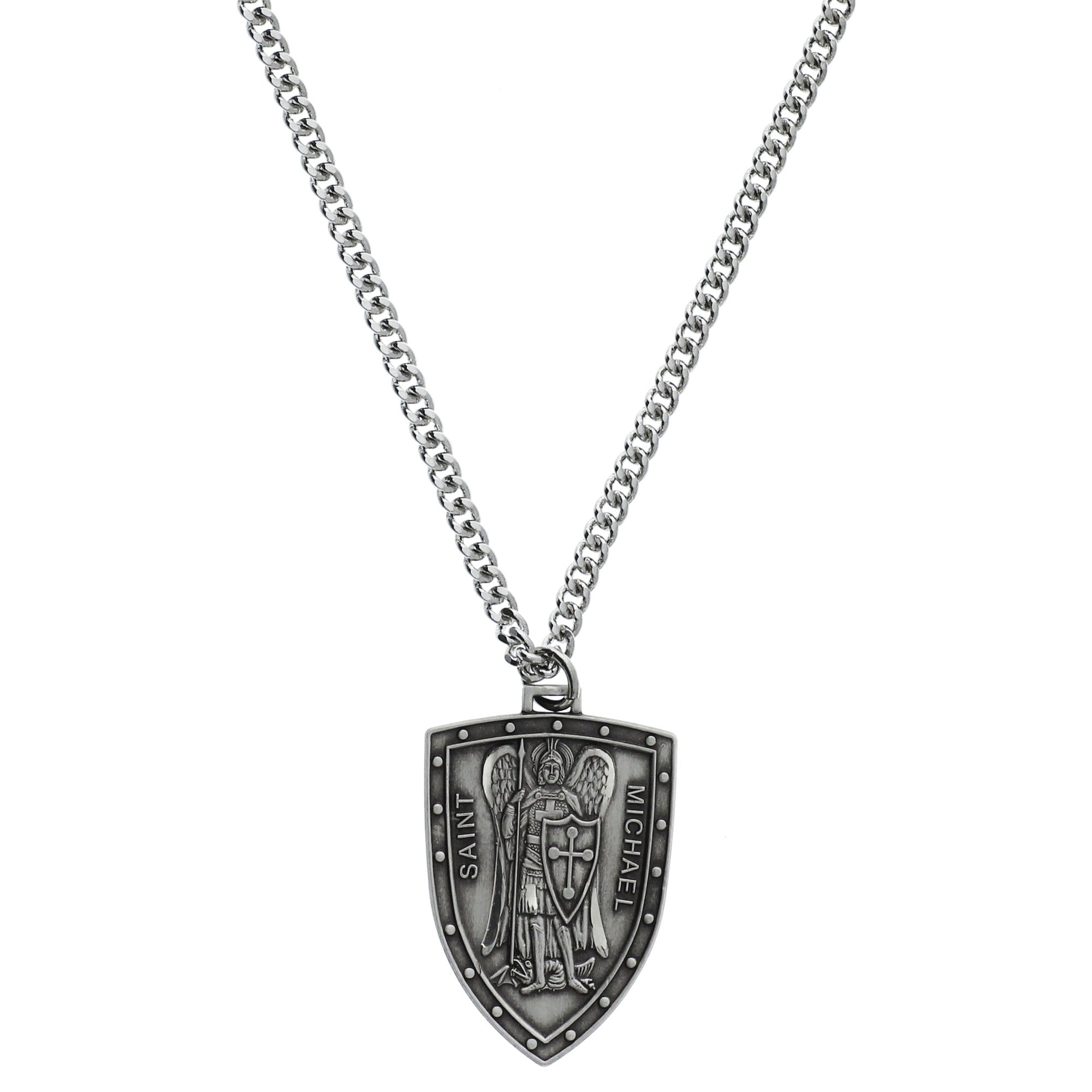 Large Sterling Silver St. Michael Shield Medal Necklace