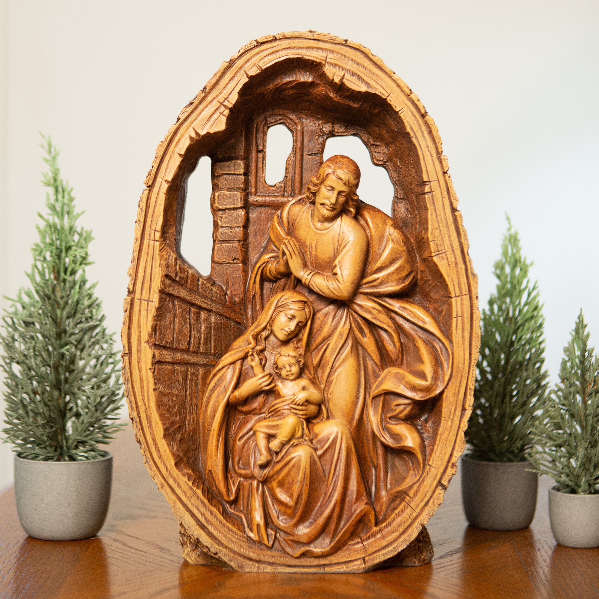 Holy Family Nativity Panoramic Wood Look Sculpture