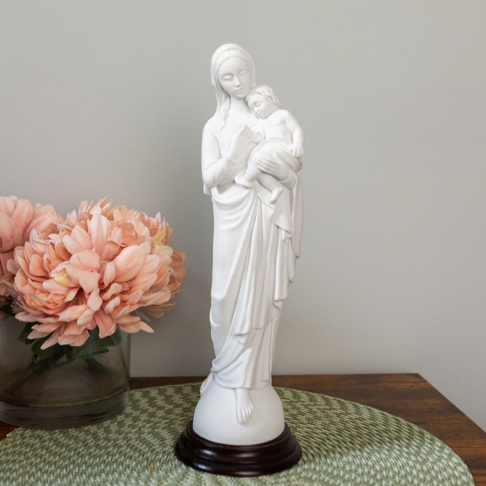 White Madonna & Child Statue on Wood Base - 12"