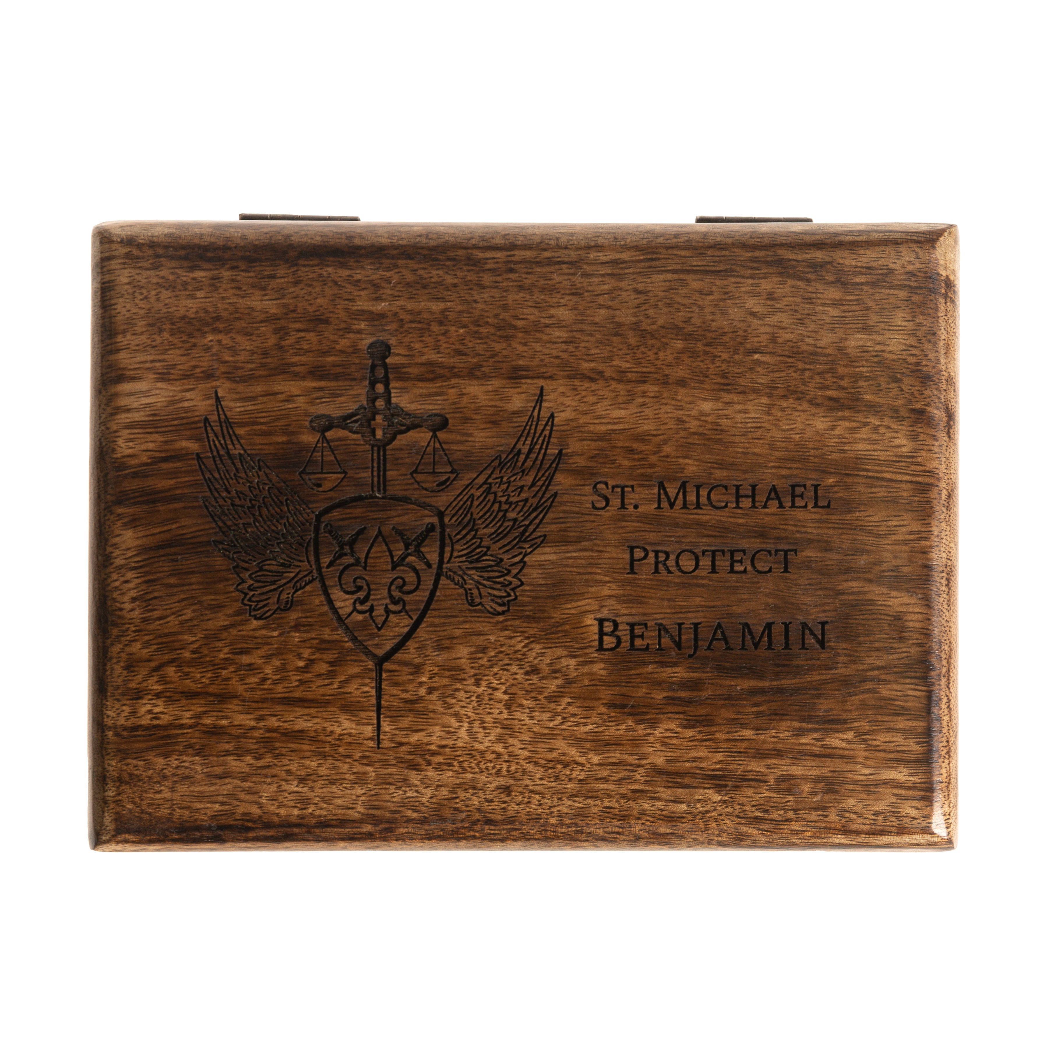 Personalized St. Michael Wood Keepsake Box, 5x7