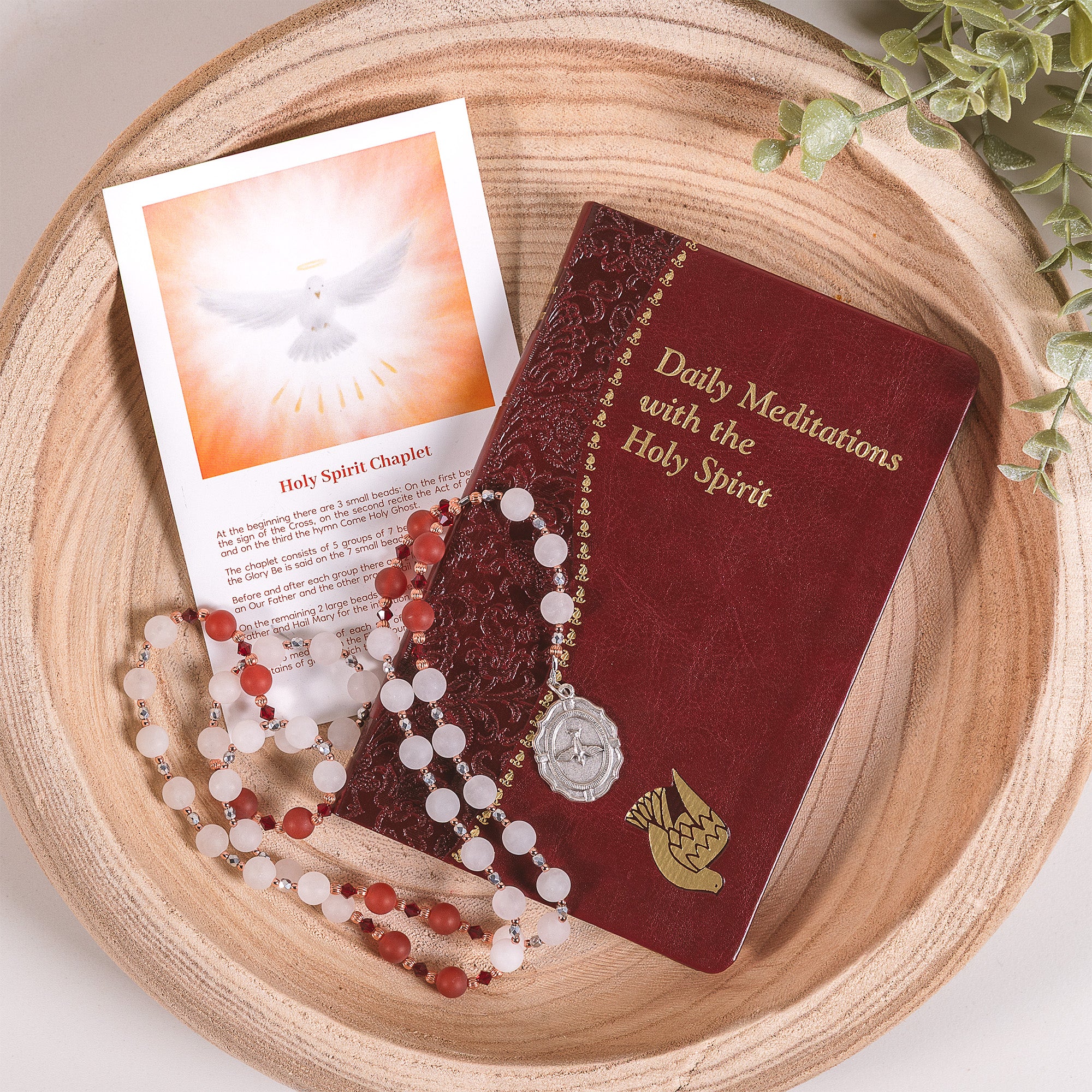Red & White Carnelian Holy Spirit Chaplet & Daily Meditations With the Holy Spirit Book (Gift Set)