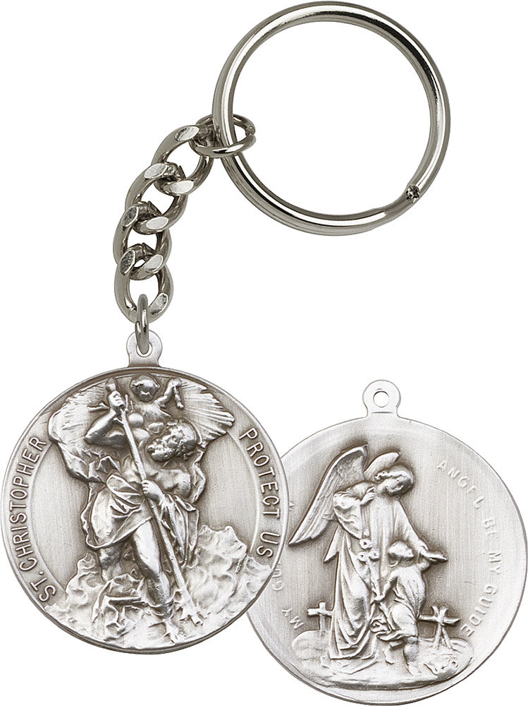 Antique Silver St. Christopher KeyChain 1 5/8 X 1 1/2"