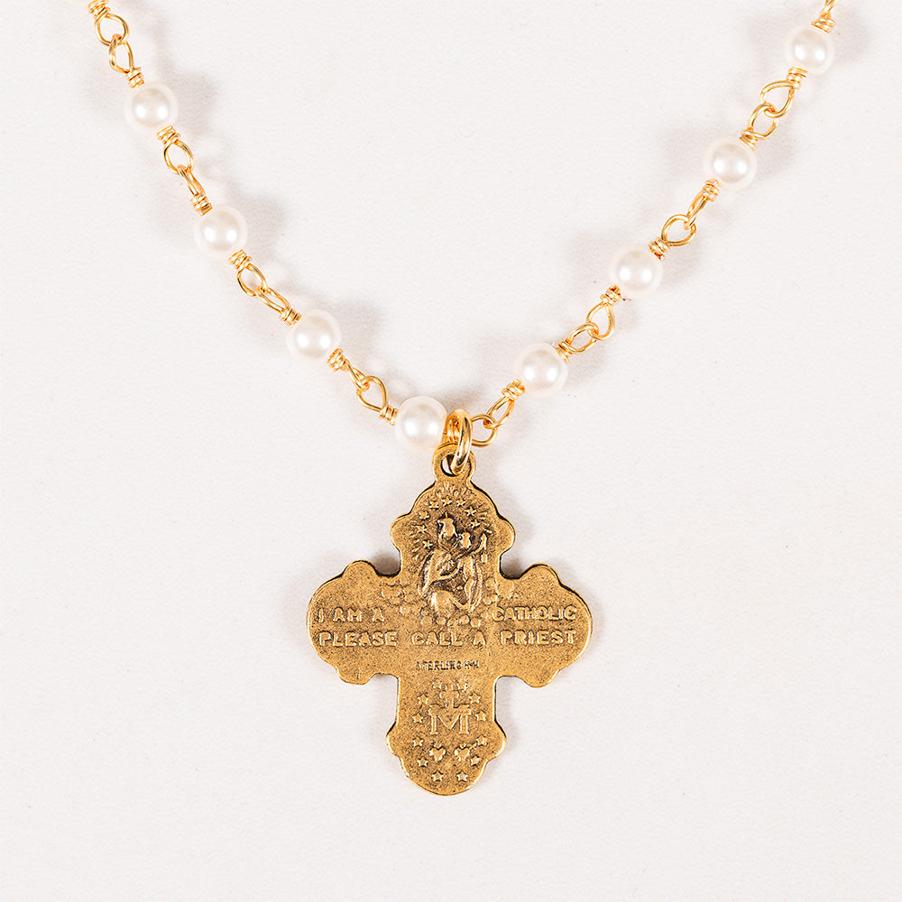 Beaded Freshwater Pearl & Four Way Cross Necklace
