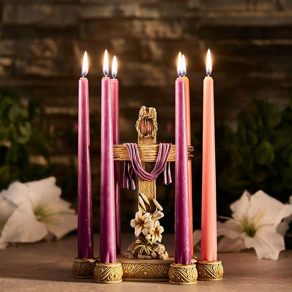 Lent Lily & Cross Candleholder with Lenten Taper Candles (Gift Set)