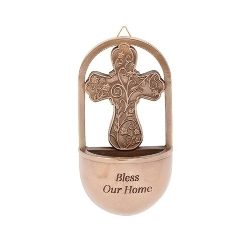 Swirled Cross Bless Our Home Holy Water Font