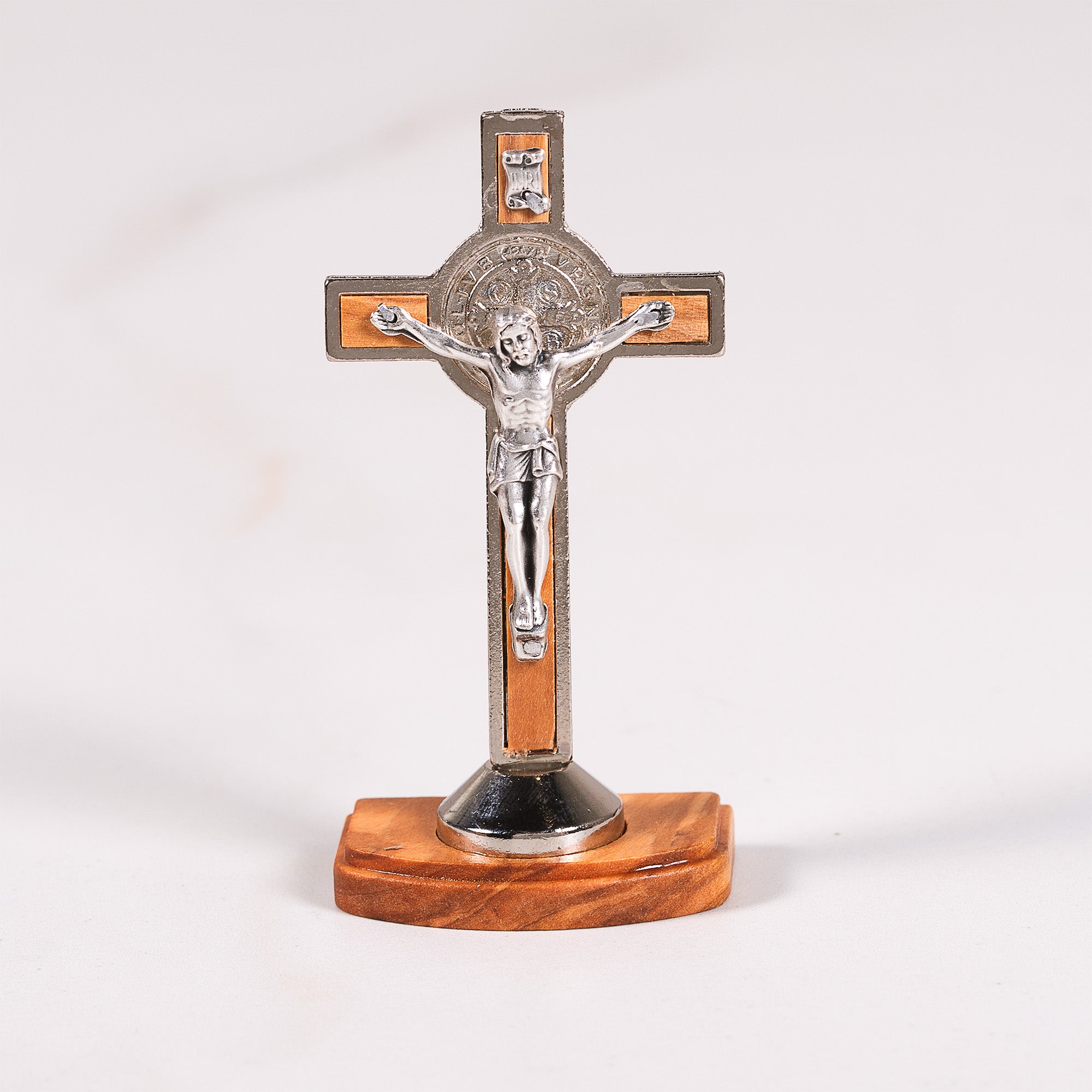 Olive Wood Inlay St. Benedict Desk Crucifix - 3.5"
