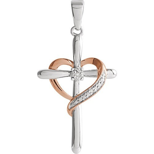 Sterling Silver 31x15.7mm Diamond Heart Cross Pendant