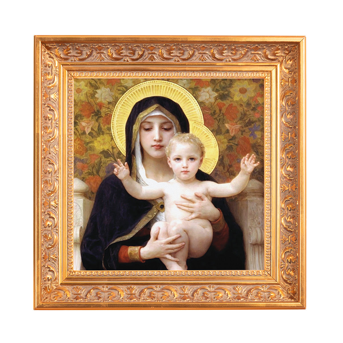 Framed print of Mary and baby Jesus with gold halo, ornate gold frame.
