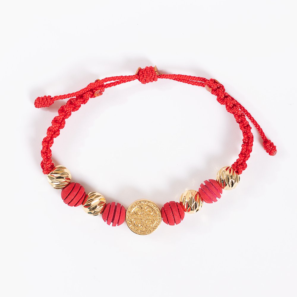 St. Benedict Red Cord Bracelet with Gold Medal
