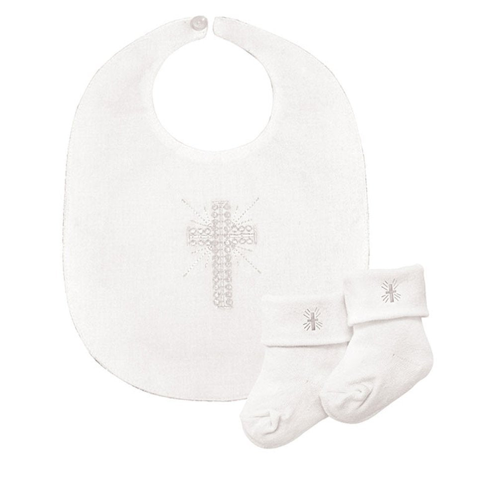 Embroidered Cross Bib & Lace Sock Set - Size 6-12 months
