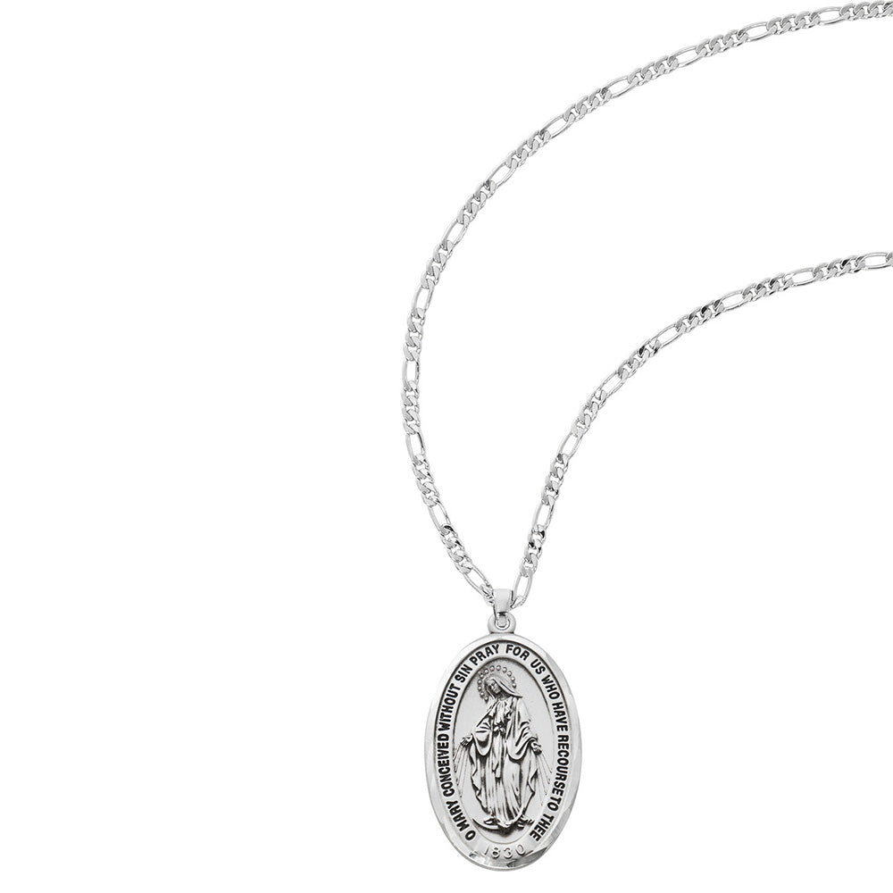 Silver Miraculous Medal on Figaro Chain - 24"
