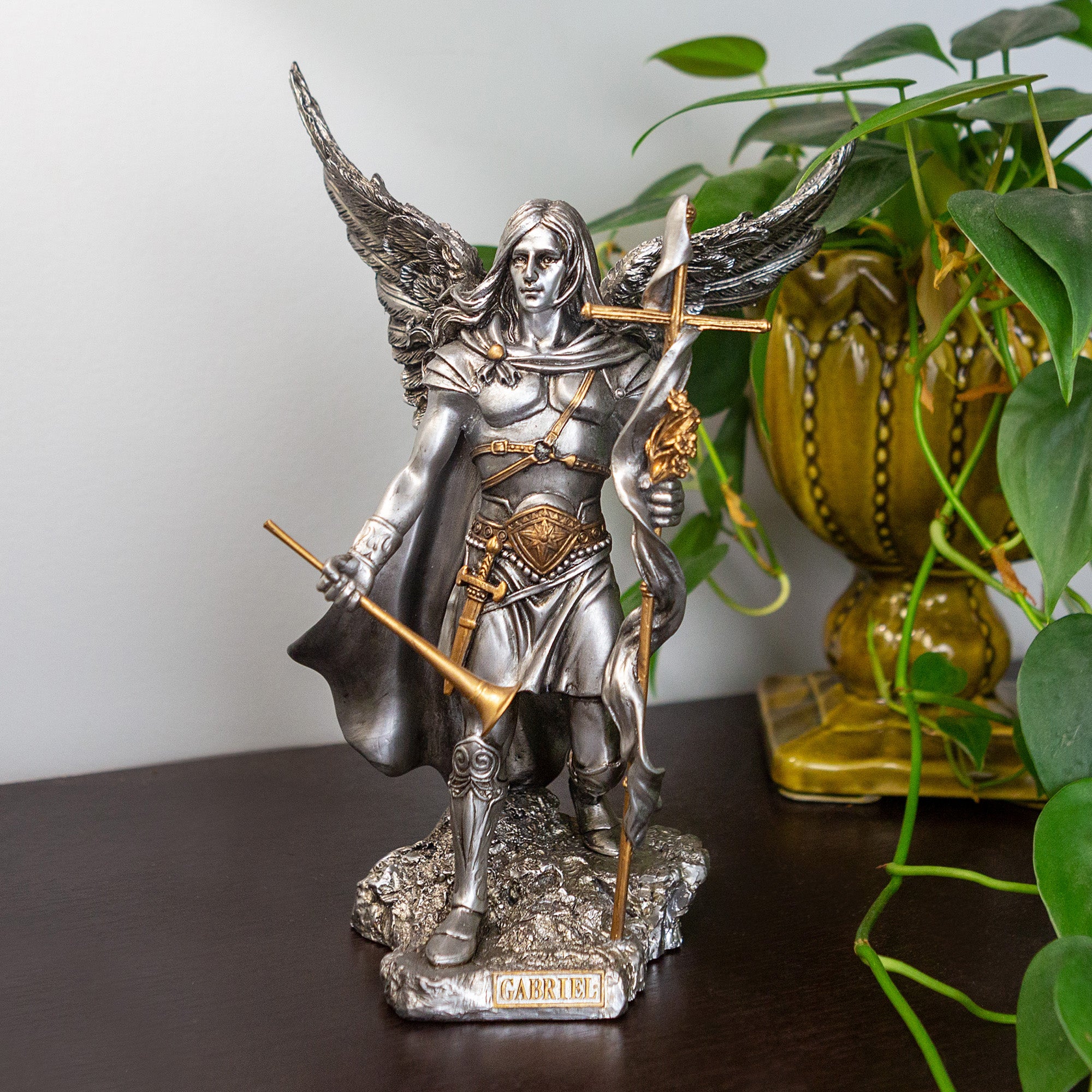 Archangel Gabriel Pewter & Gold Finish Statue - 9"