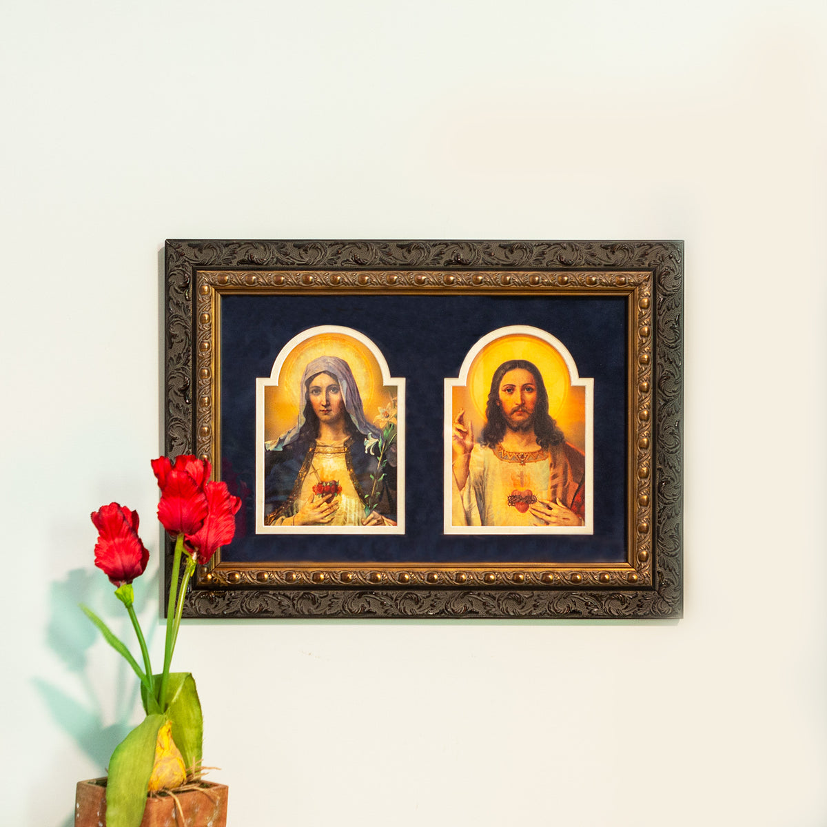 Antique Sacred & Immaculate Hearts Matted in Dark Ornate Frame - Various Sizes