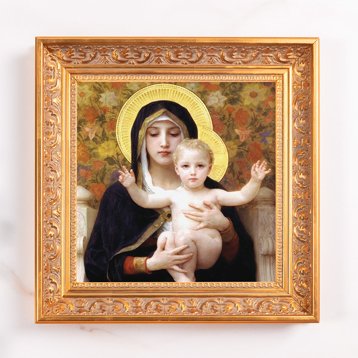 Framed print of Madonna and Child. A classical style painting in a gold ornate frame.