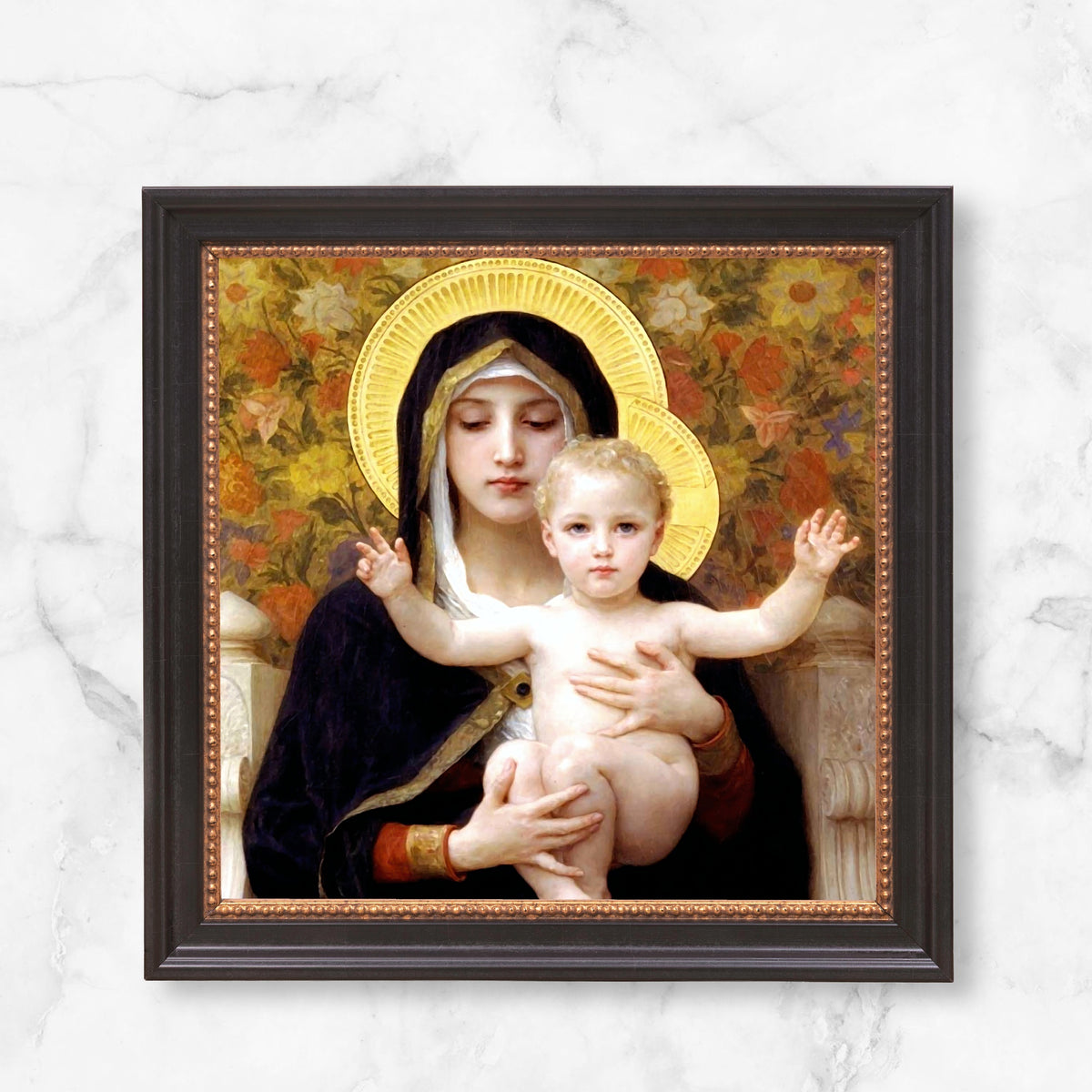 Framed artwork, Virgin Mary with Jesus, floral background, dark wood frame, vintage style.