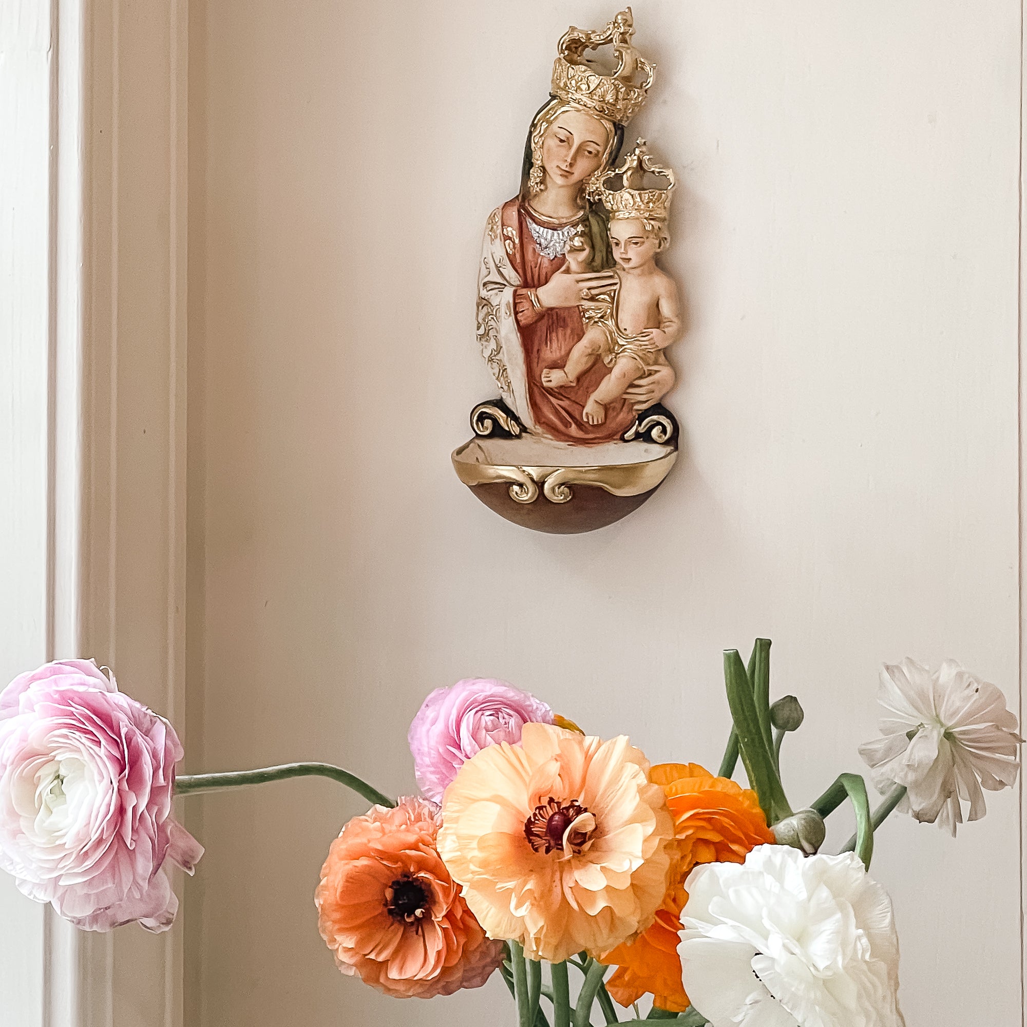 Crowned Madonna & Child Holy Water Font