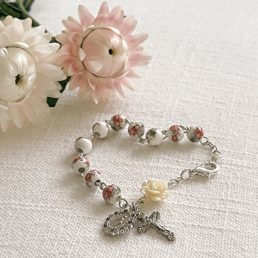 Girl's Petal Pink Miraculous Medal Rosary Bracelet