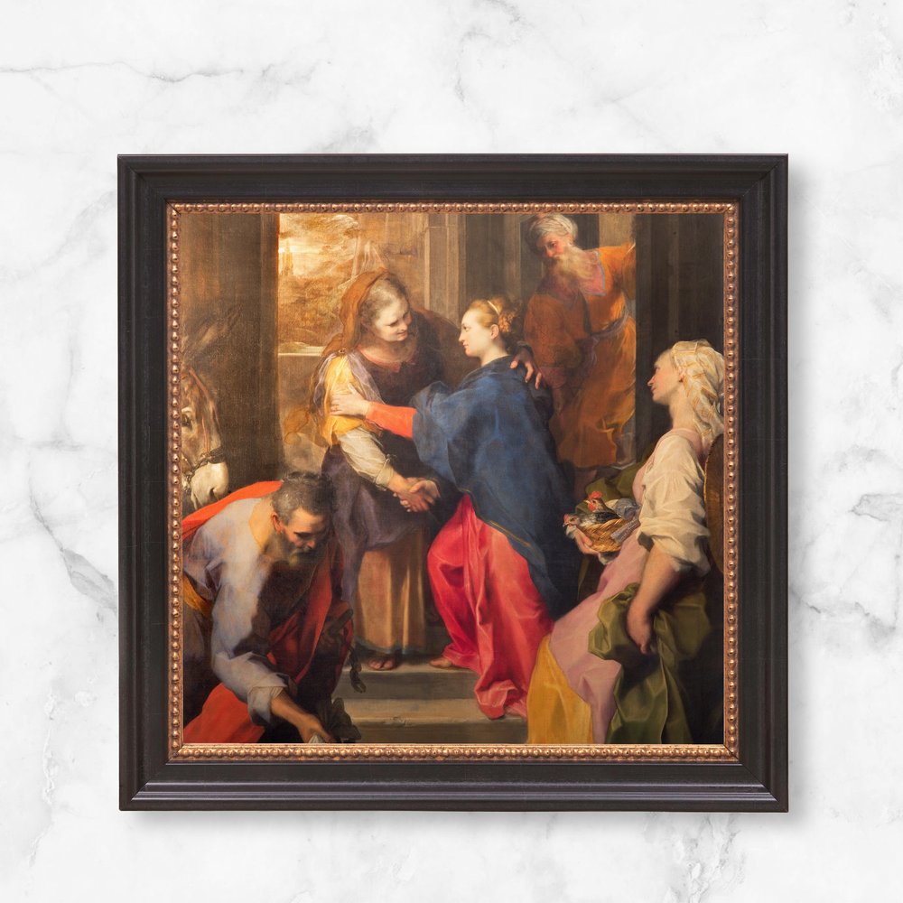 Framed canvas print depicts a biblical meeting in warm tones, in a dark wood frame with gold trim.