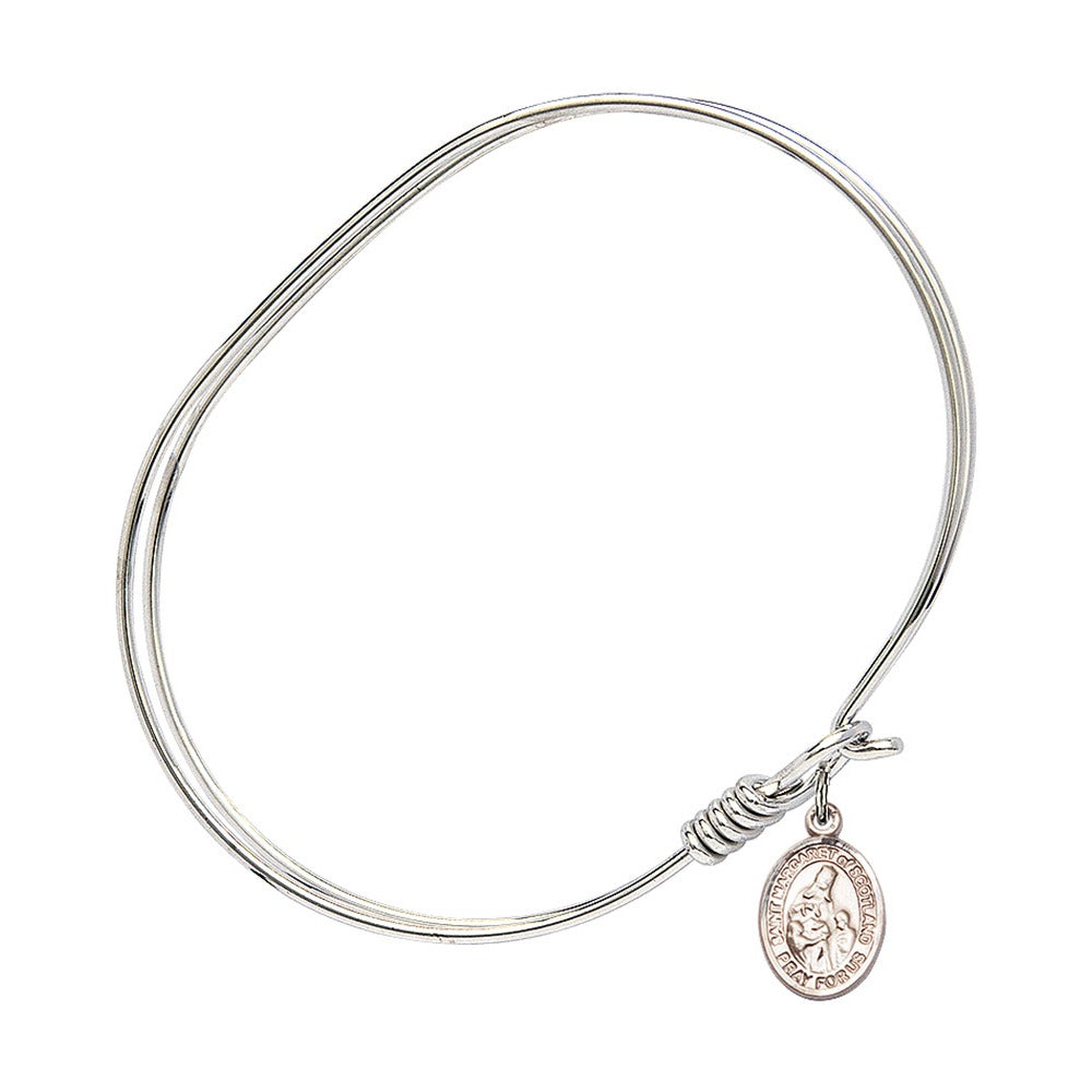 Adult 7" Oval Rhodium Plated Bangle Bracelet with St. Margaret of Scotland Medal Charm