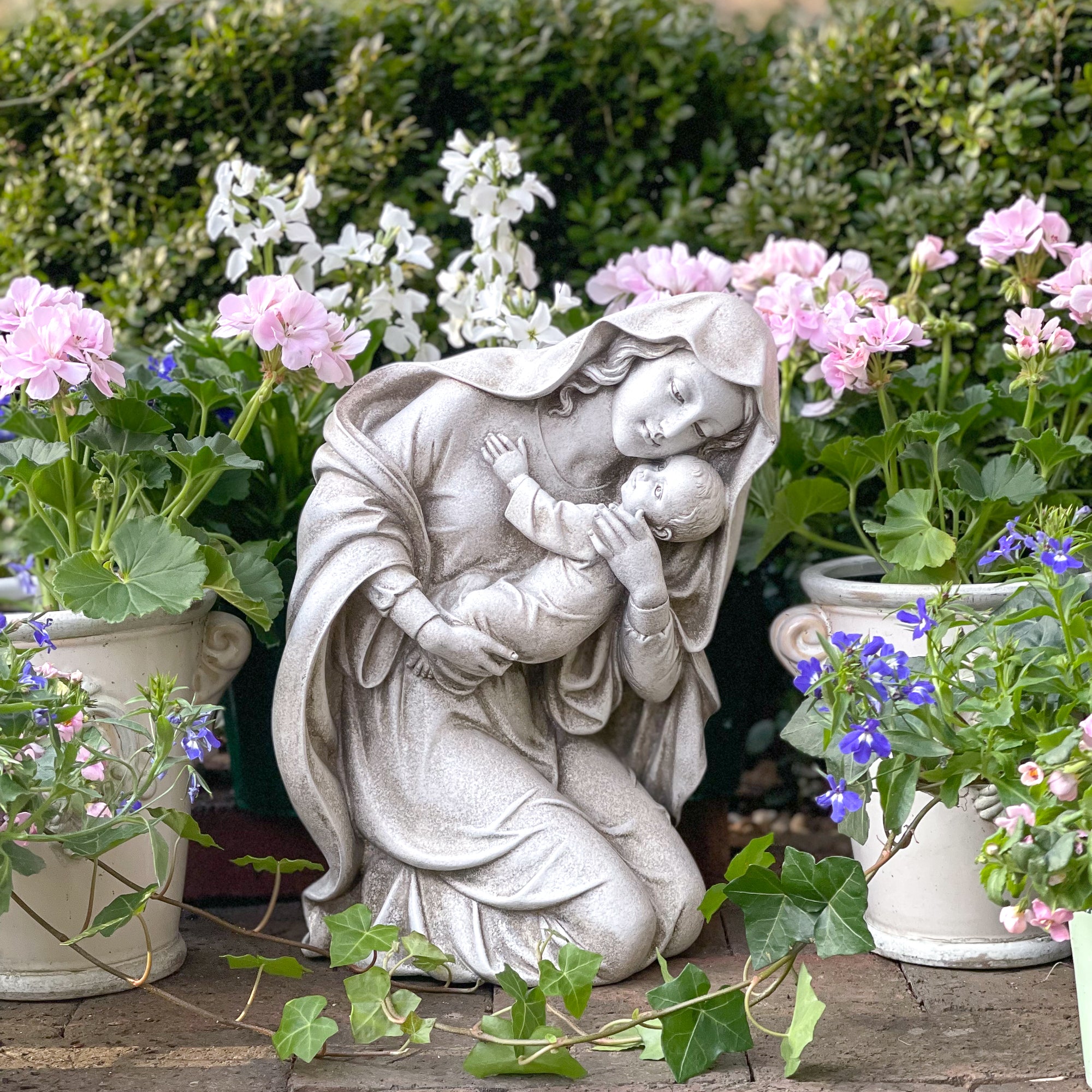 Kneeling Madonna & Child Garden Statue - 13.5"