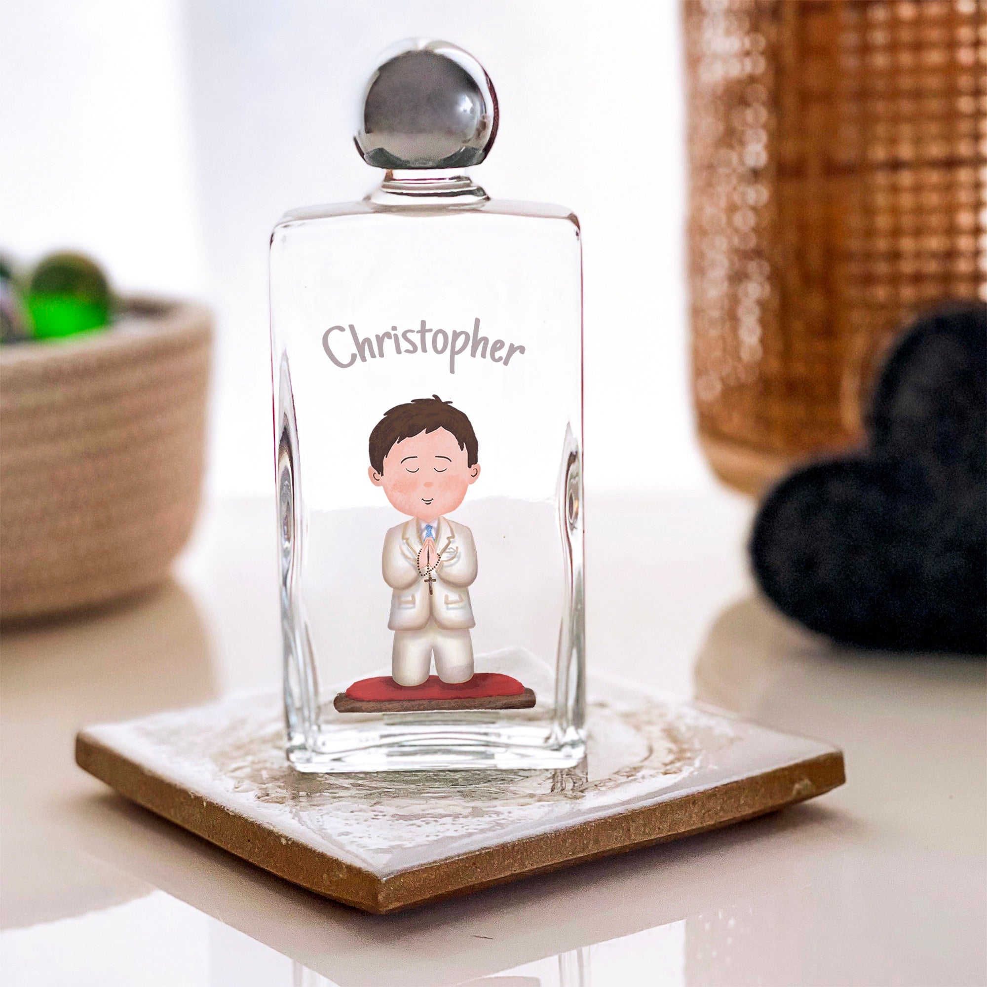 Personalized Holy water bottle, clear glass with prayer boy image, silver cap.